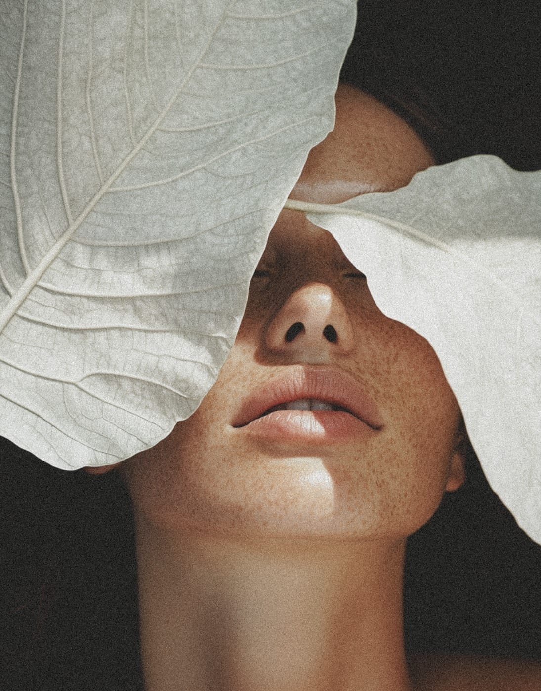 Face with a pale leaf held in front of the eyes